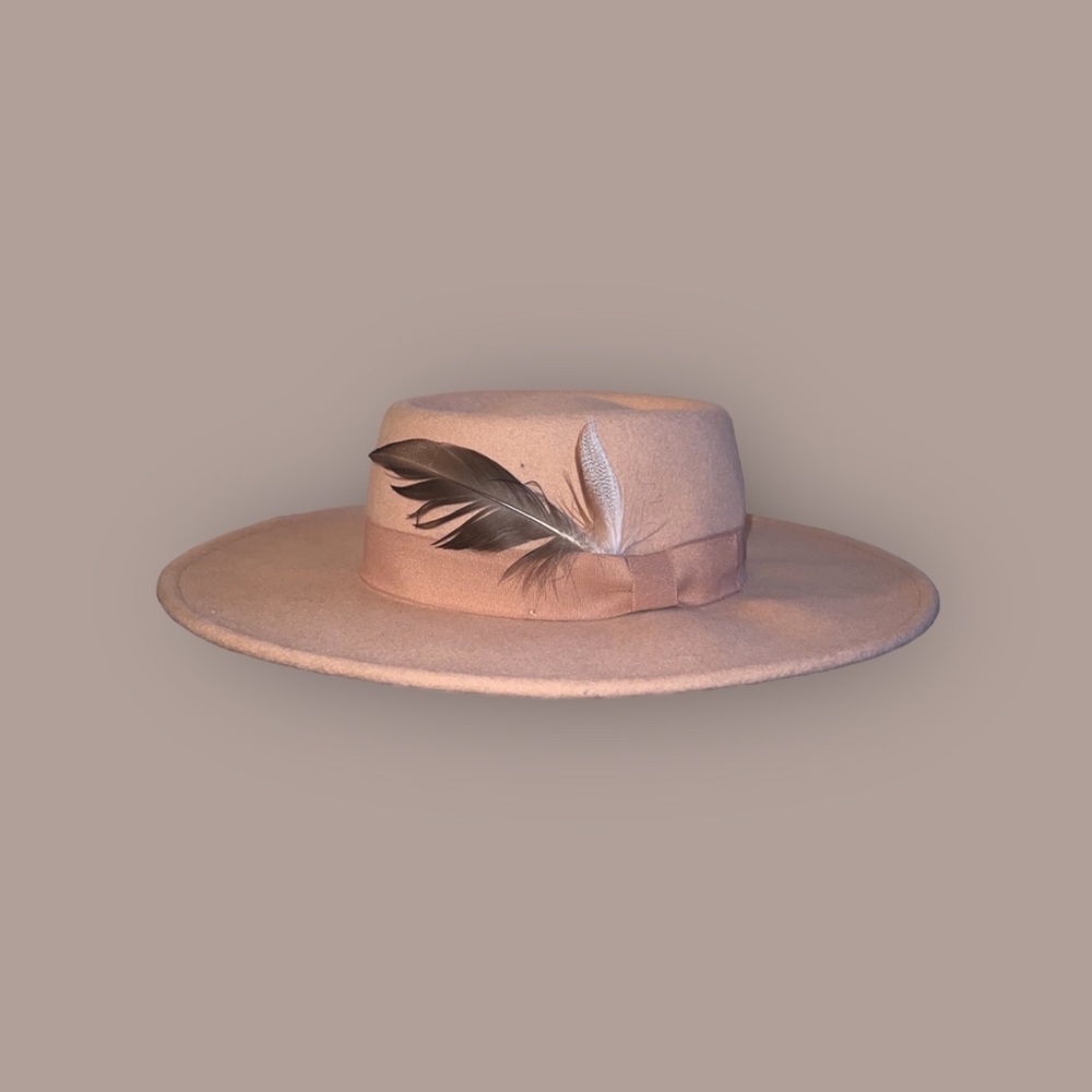 Wool Beige Hat with feather accents and Tan Band. Adjustable inside band